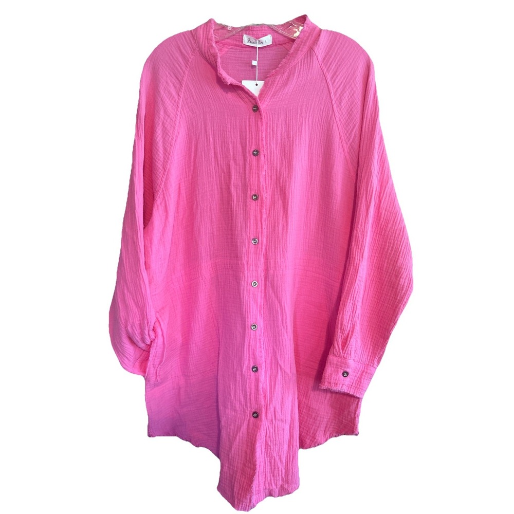 PaintColors Womens Button Up Top Gauze Cotton Coverup Tunic Pink Raw Hems NWT